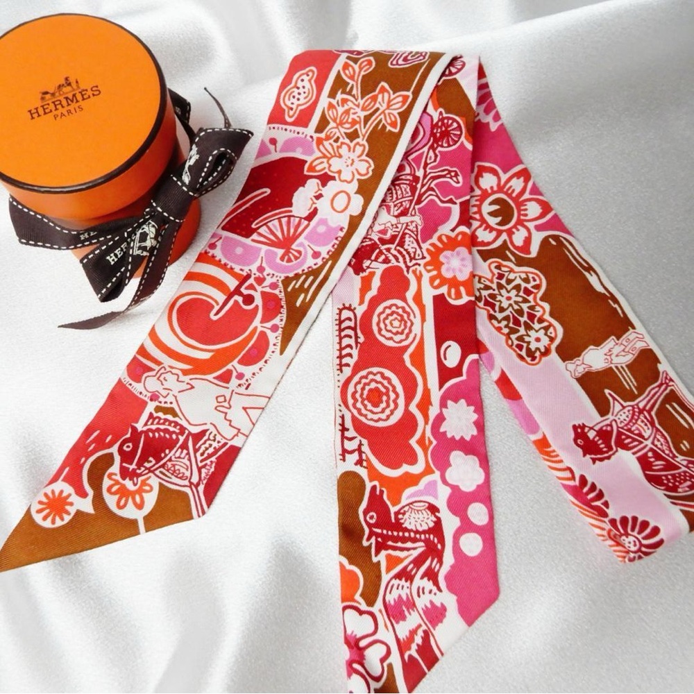 Hermes Twilly Bingata Scarf Silk 100% flower pink